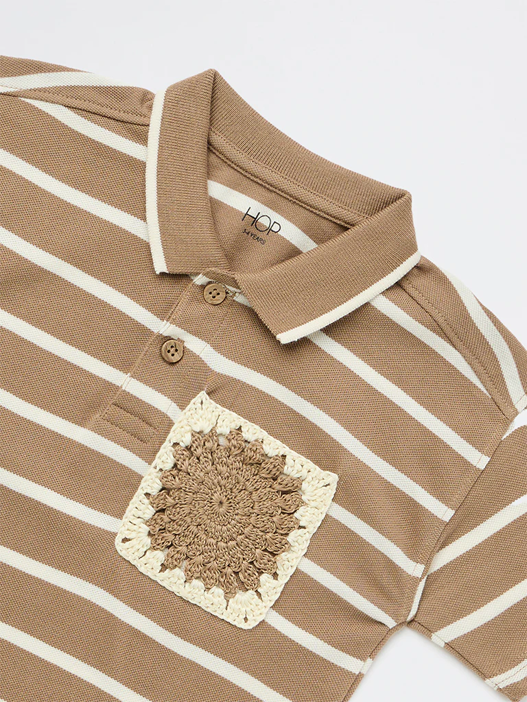 HOP Kids Boys Brown Striped Cotton Polo T-Shirt - Image 6