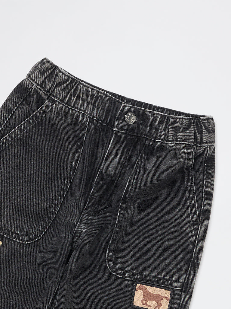 HOP Kids Boys Charcoal Embroidered Mid-Rise Jeans - Image 6