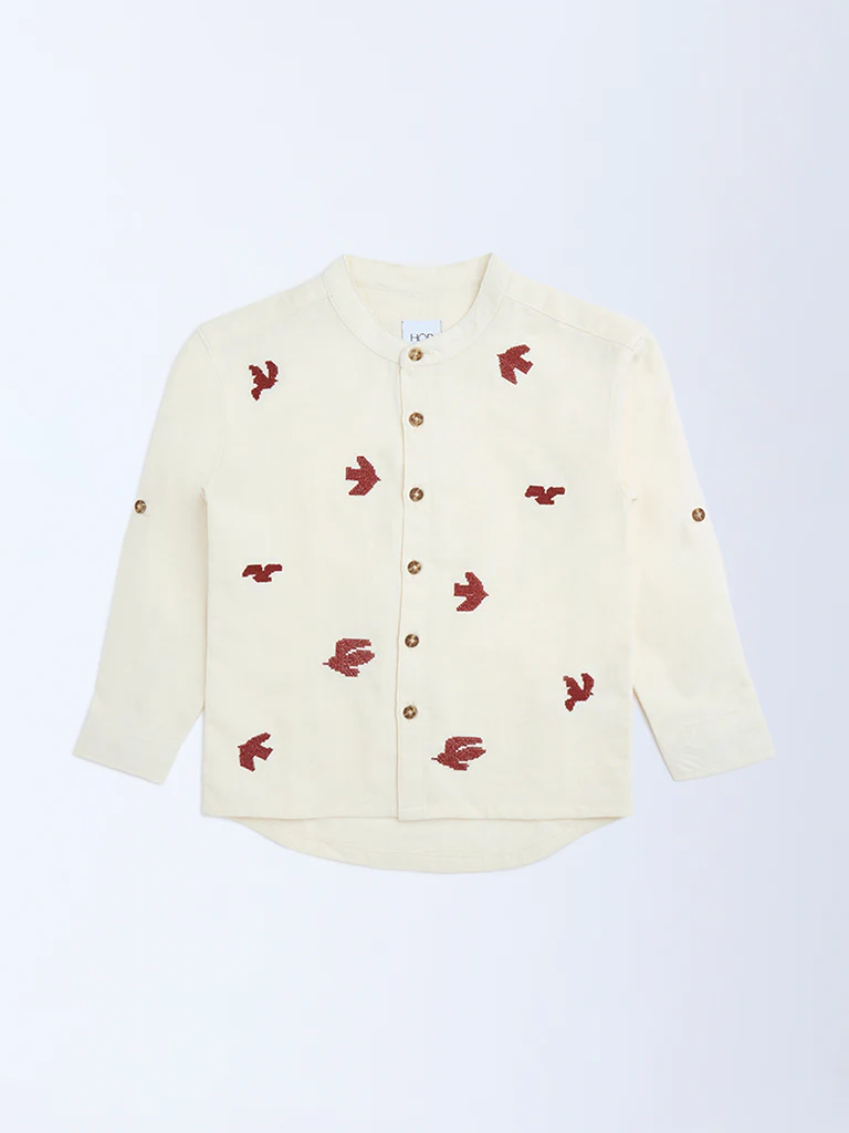 HOP Kids Boys Cream Embroidered Cotton Shirt - Image 4