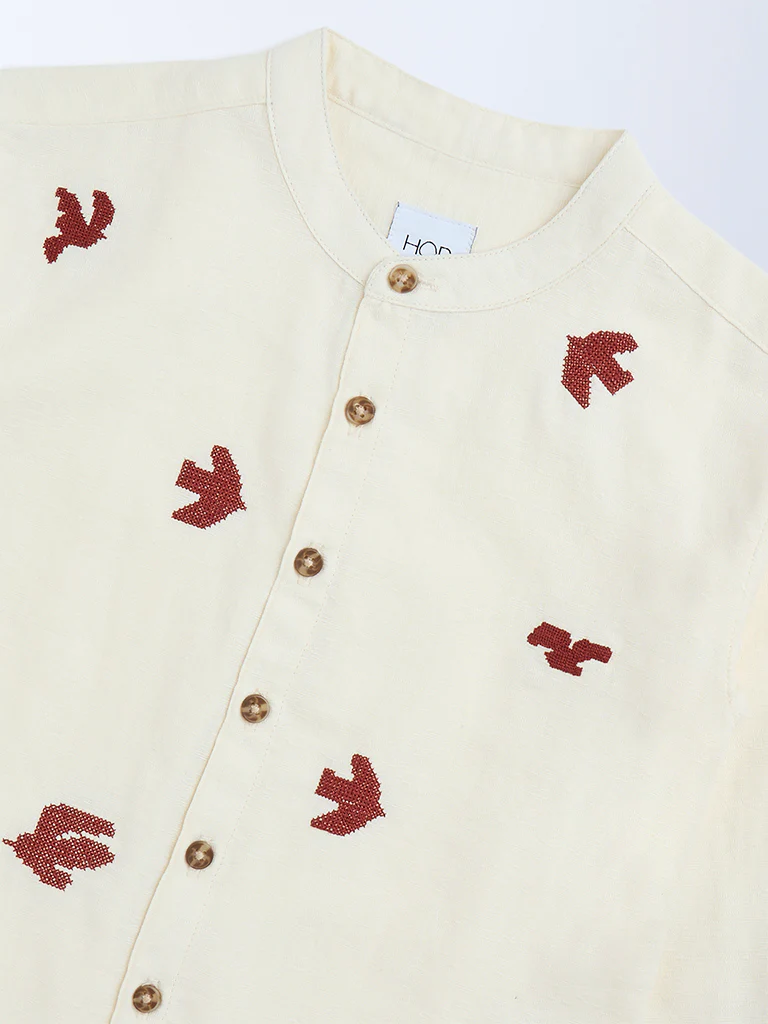 HOP Kids Boys Cream Embroidered Cotton Shirt - Image 6