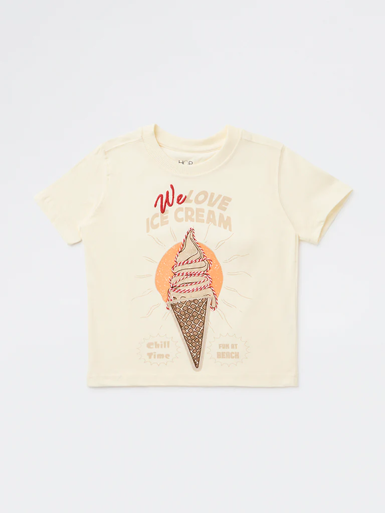 HOP Kids Boys Cream Graphic Printed Cotton T-Shirt - Image 4