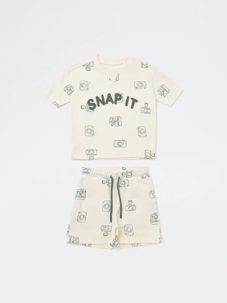 HOP Kids Boys Cream Printed Cotton Co-ord Set - Image 3