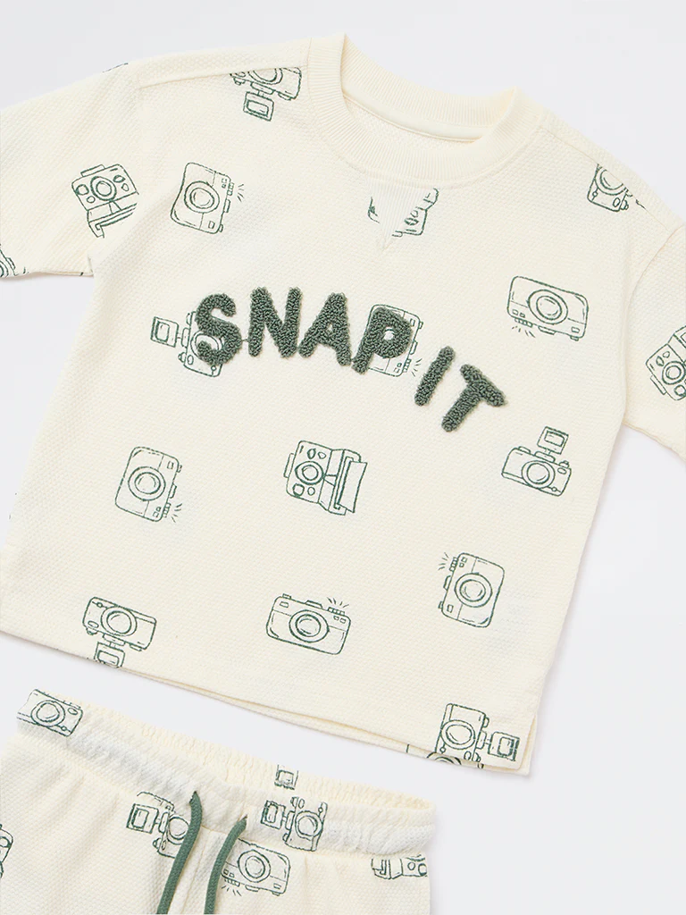 HOP Kids Boys Cream Printed Cotton Co-ord Set - Image 5