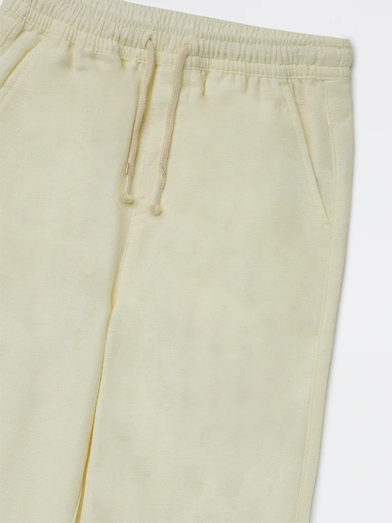 HOP Kids Boys Cream Solid Relaxed-Fit Mid-Rise Cotton-Blend Trousers - Image 6