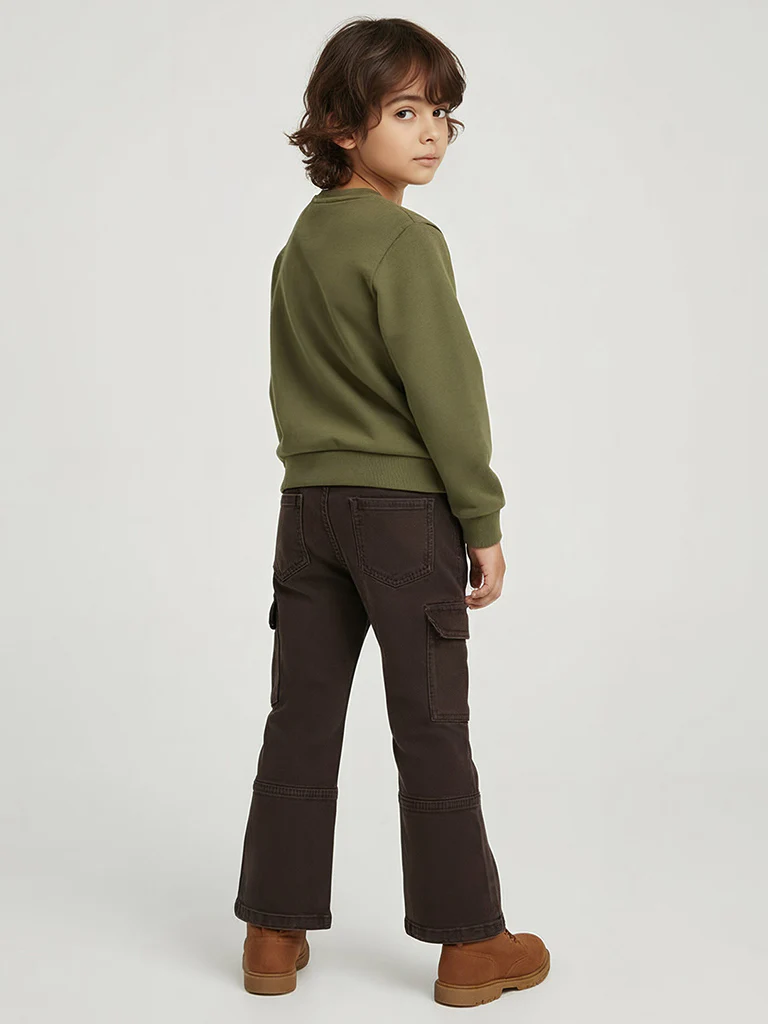 HOP Kids Boys Dark Brown Relaxed-Fit Mid-Rise Cargo Jeans - Image 2