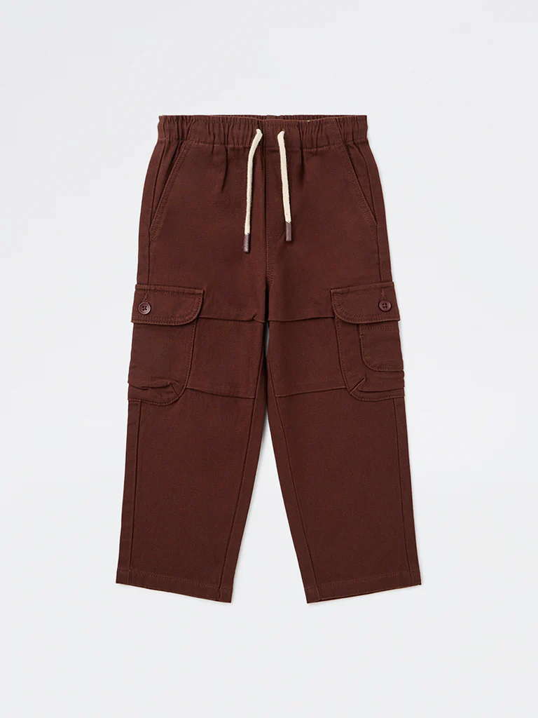 HOP Kids Boys Dark Brown Textured Mid-Rise Cotton-Blend Pants - Image 4