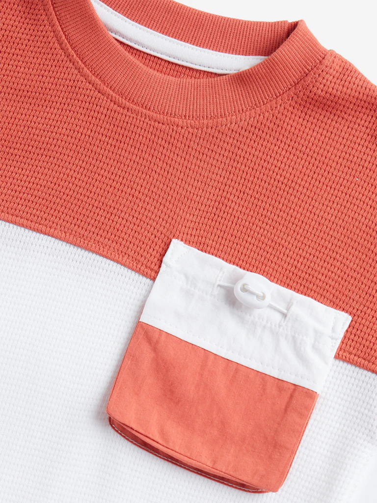 HOP Kids Boys Dusty Orange Colour blocked Cotton T-Shirt - Image 3