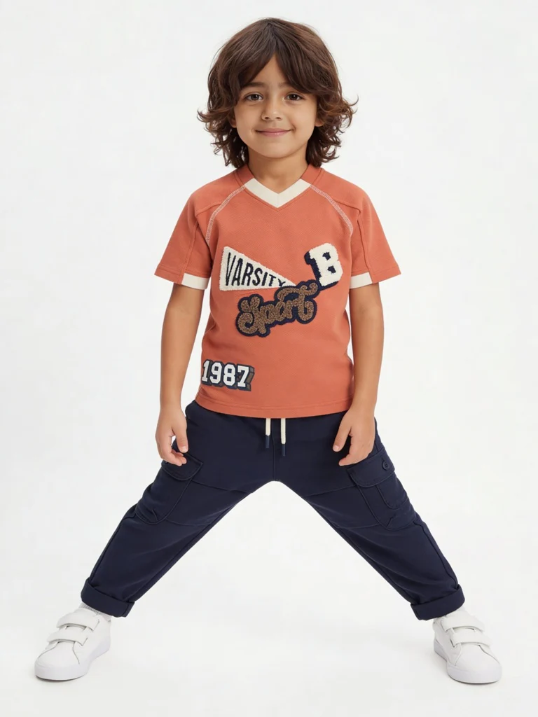 HOP Kids Boys Dusty Orange Embroidered Cotton T-Shirt