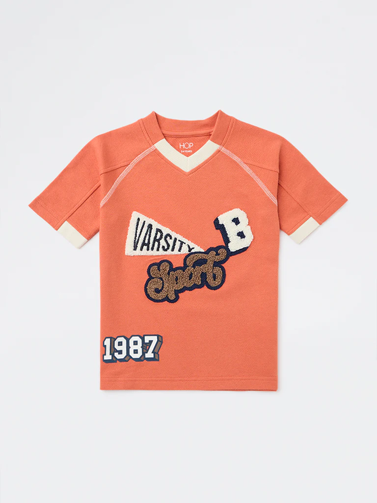 HOP Kids Boys Dusty Orange Embroidered Cotton T-Shirt - Image 4
