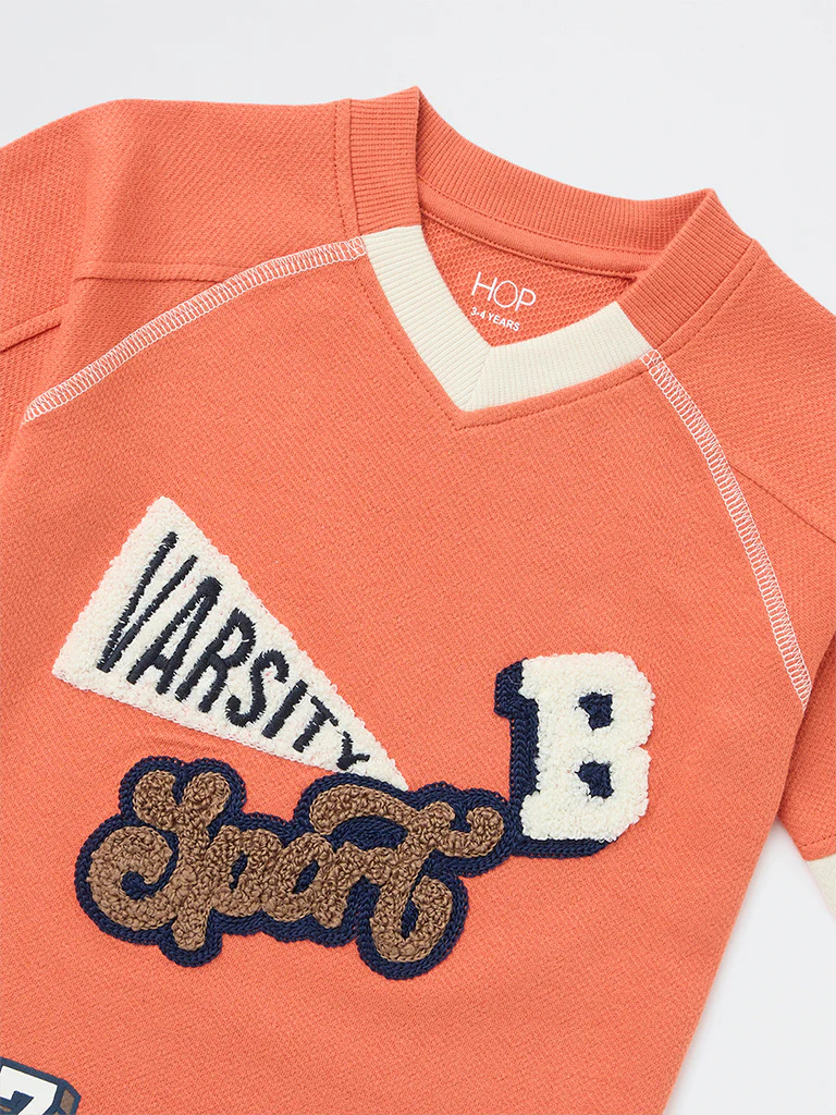 HOP Kids Boys Dusty Orange Embroidered Cotton T-Shirt - Image 6