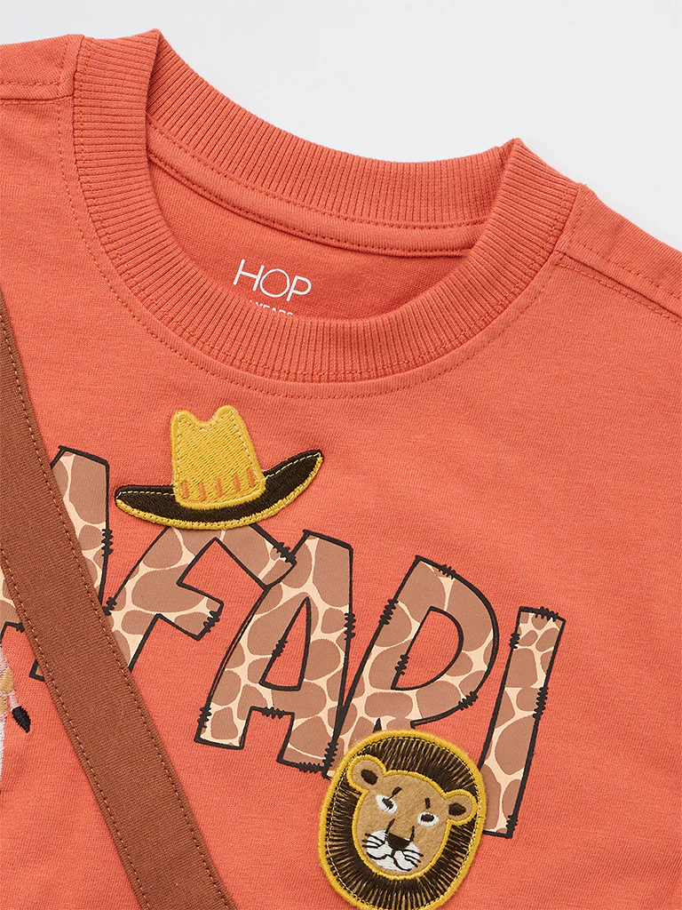HOP Kids Boys Dusty Orange Printed Cotton T-Shirt - Image 6