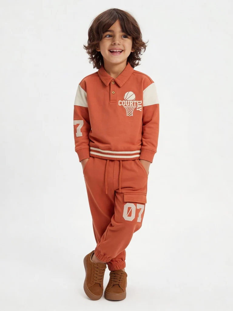 HOP Kids Boys Dusty Orange Printed Cotton T-Shirt and Joggers Set