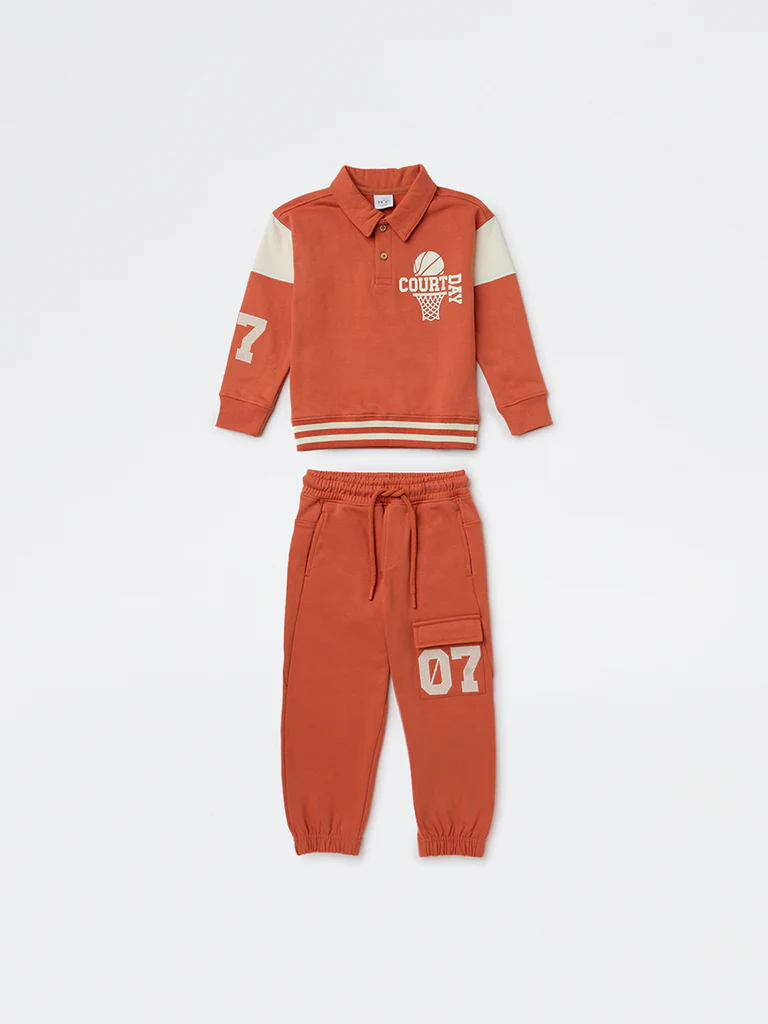 HOP Kids Boys Dusty Orange Printed Cotton T-Shirt and Joggers Set - Image 3