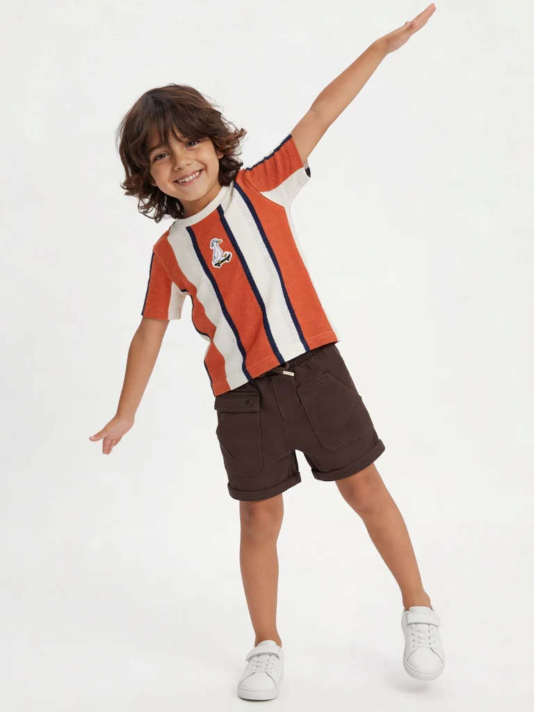HOP Kids Boys Dusty Orange Striped Cotton-Blend T-Shirt