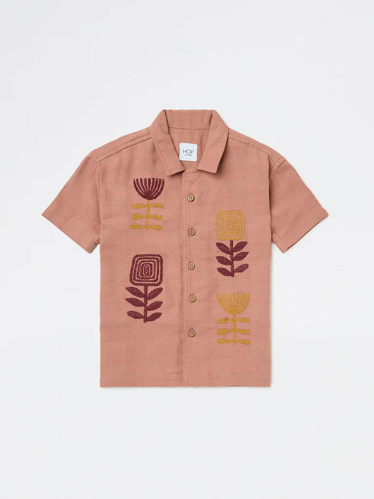 HOP Kids Boys Dusty Pink Floral Embroidered Cotton Shirt - Image 3