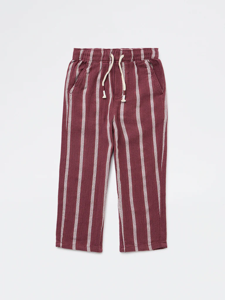 HOP Kids Boys Dusty Rose Striped Mid-Rise Cotton Trousers - Image 3