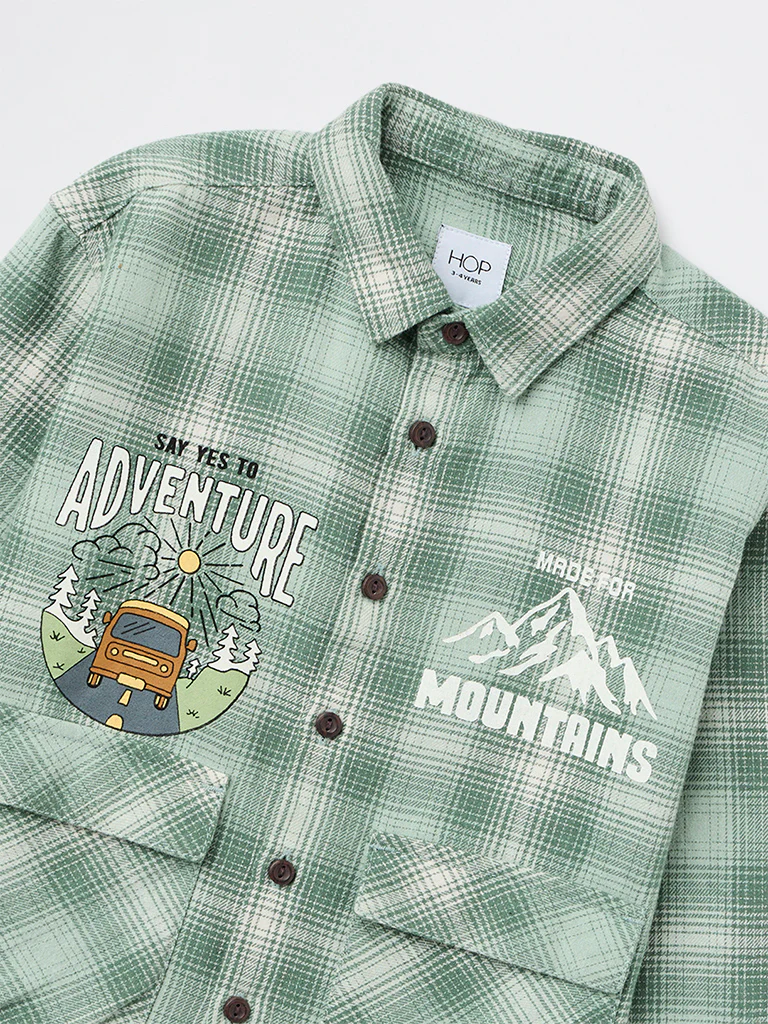 HOP Kids Boys Green Check Graphic Printed Cotton Shirt - Image 5