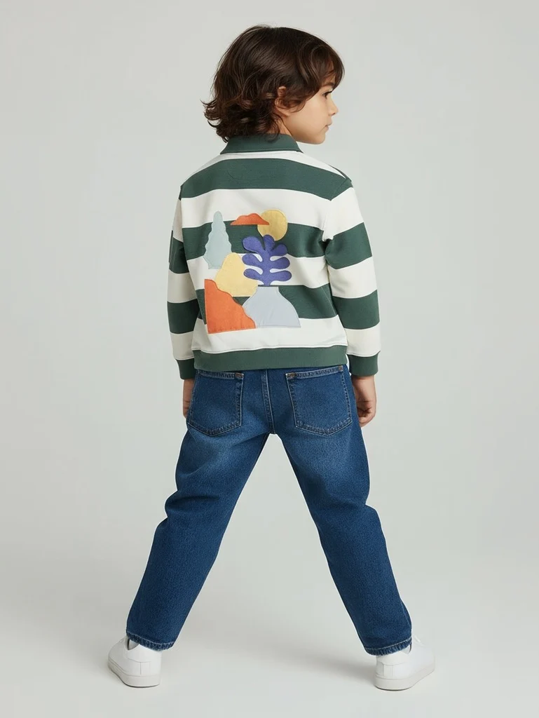 HOP Kids Boys Green Striped Cotton-Blend Polo T-Shirt - Image 2