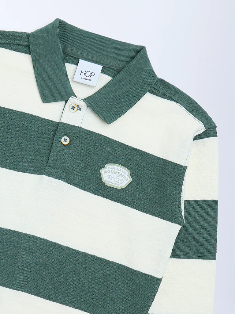 HOP Kids Boys Green Striped Cotton-Blend Polo T-Shirt - Image 5