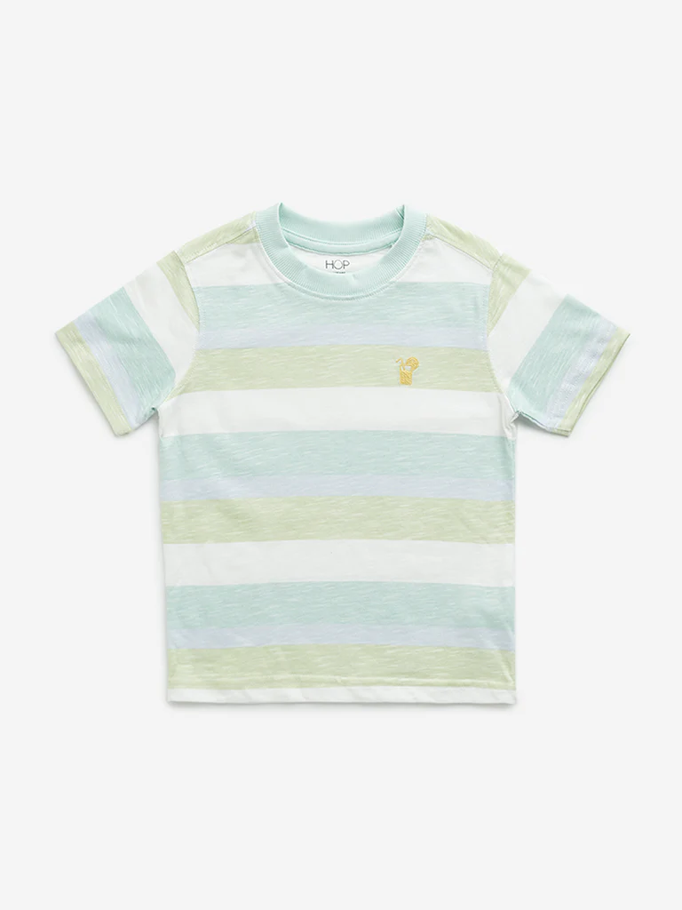 HOP Kids Boys Green Striped Design Cotton T-Shirt
