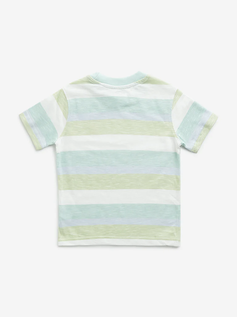 HOP Kids Boys Green Striped Design Cotton T-Shirt - Image 2