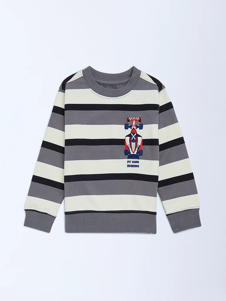 HOP Kids Boys Grey Striped Cotton Sweatshirt - Image 3