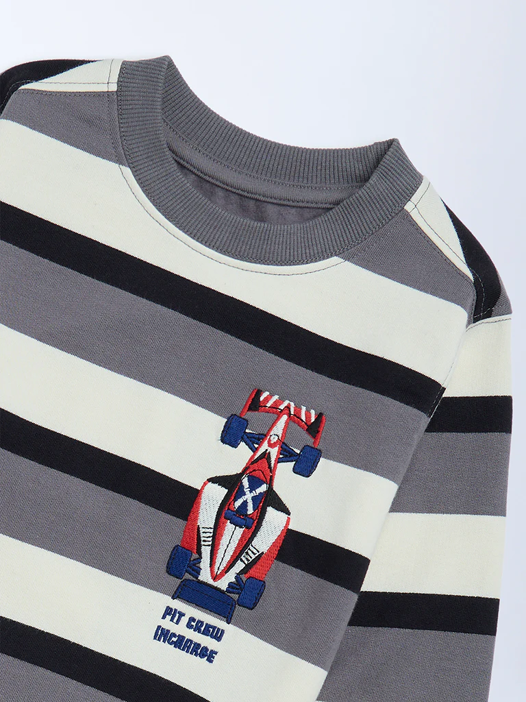 HOP Kids Boys Grey Striped Cotton Sweatshirt - Image 5