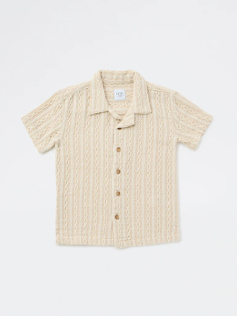 HOP Kids Boys Light Beige Embroidered Cotton-Blend Shirt - Image 3