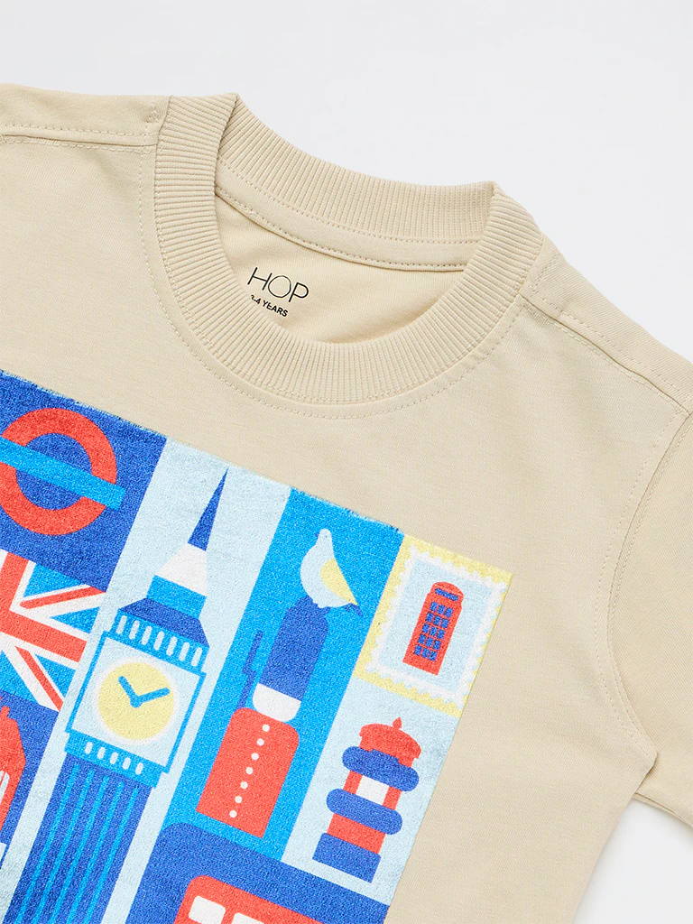 HOP Kids Boys Light Beige Graphic Printed Cotton T-Shirt - Image 6