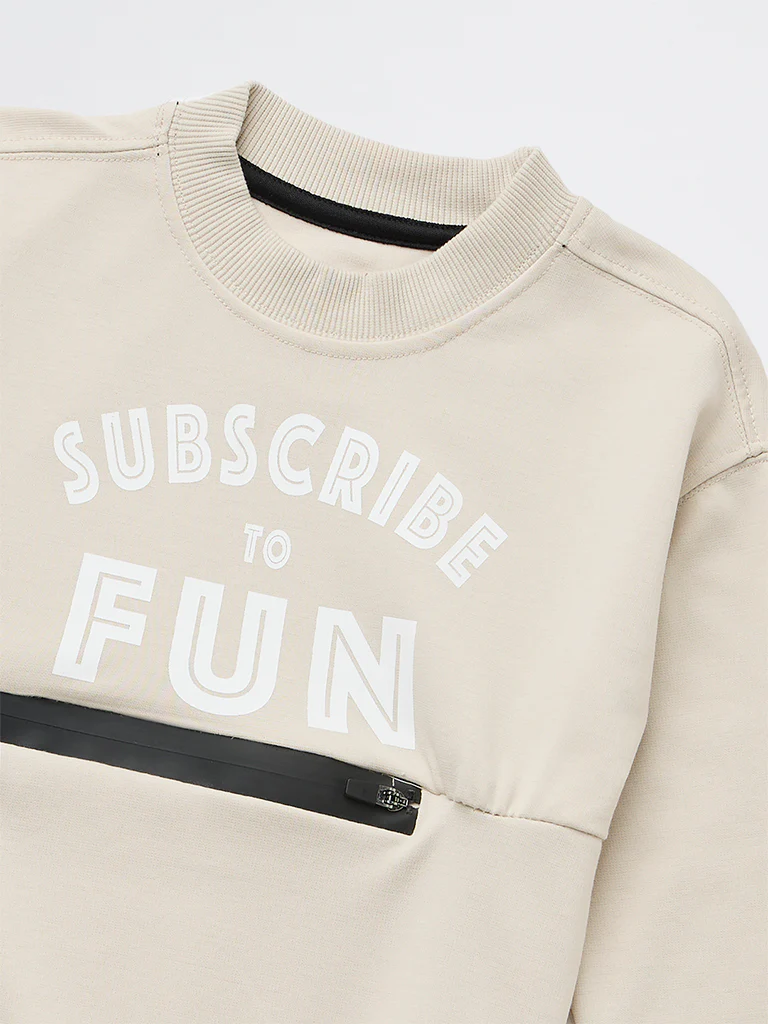 HOP Kids Boys Light Beige Printed Cotton-Blend Sweatshirt - Image 3