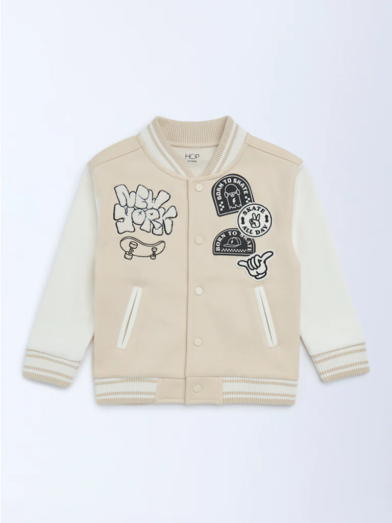 HOP Kids Boys Light Beige Printed Cotton-Blend Varsity Jacket - Image 2