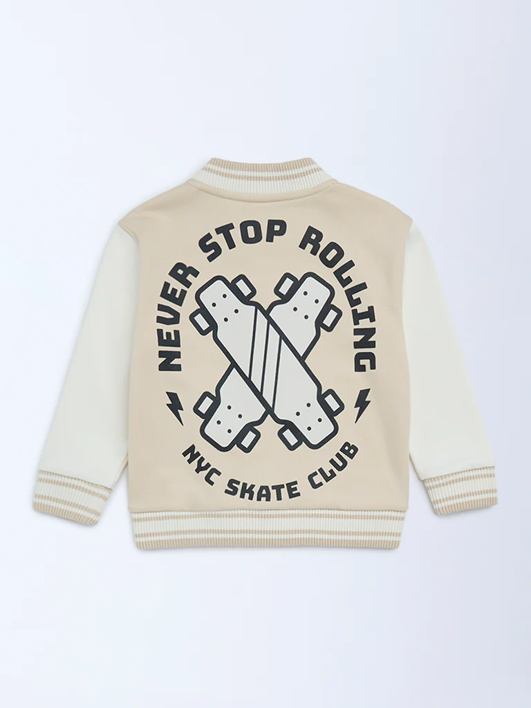 HOP Kids Boys Light Beige Printed Cotton-Blend Varsity Jacket - Image 3