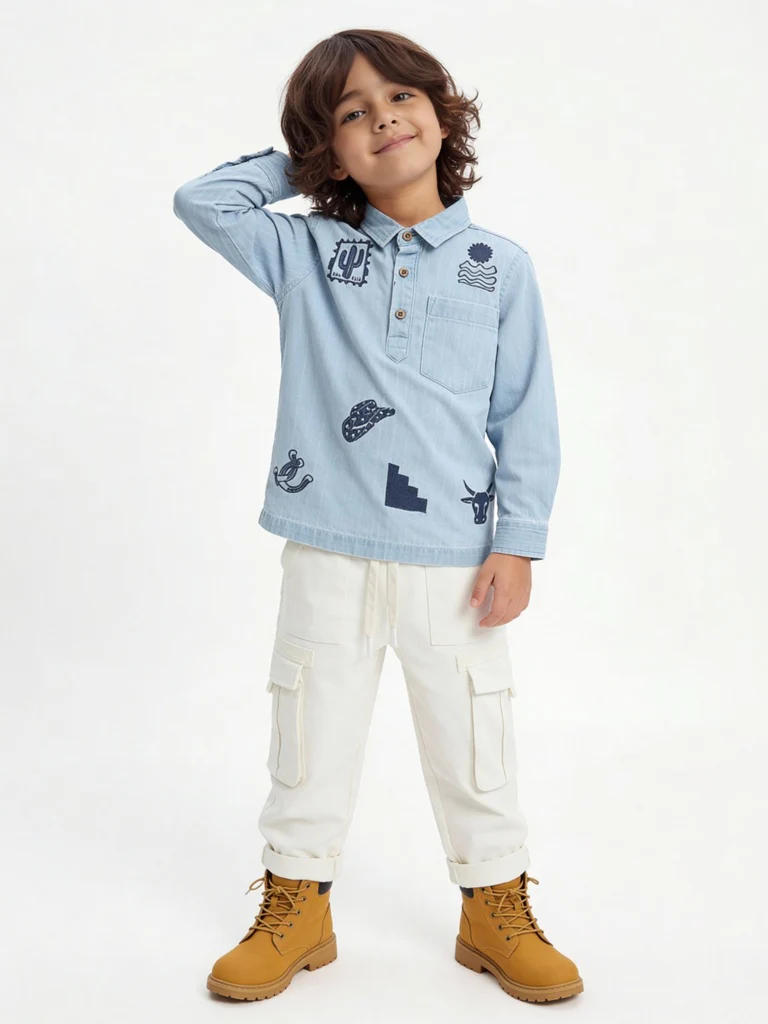 HOP Kids Boys Light Blue Embroidered Denim Shirt