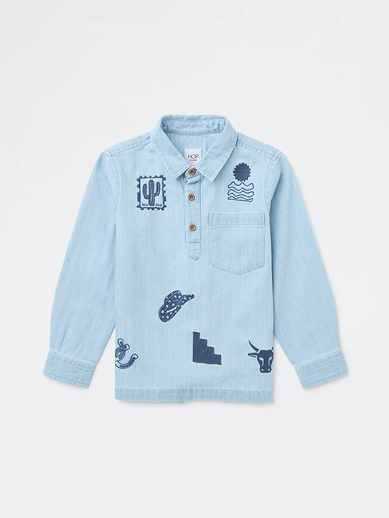 HOP Kids Boys Light Blue Embroidered Denim Shirt - Image 3