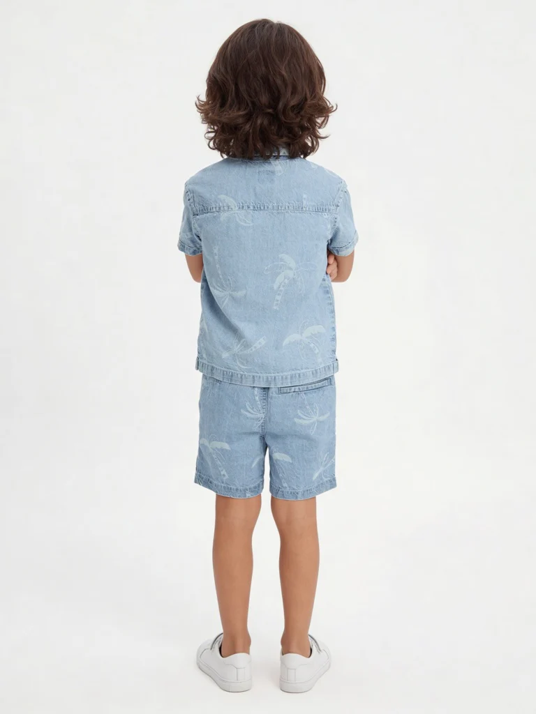 HOP Kids Boys Light Blue Printed Denim Shirt and Shorts Set - Image 2