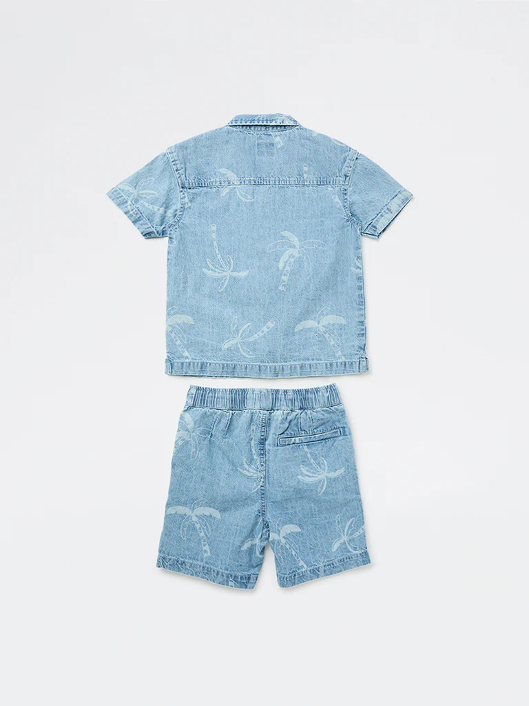 HOP Kids Boys Light Blue Printed Denim Shirt and Shorts Set - Image 4