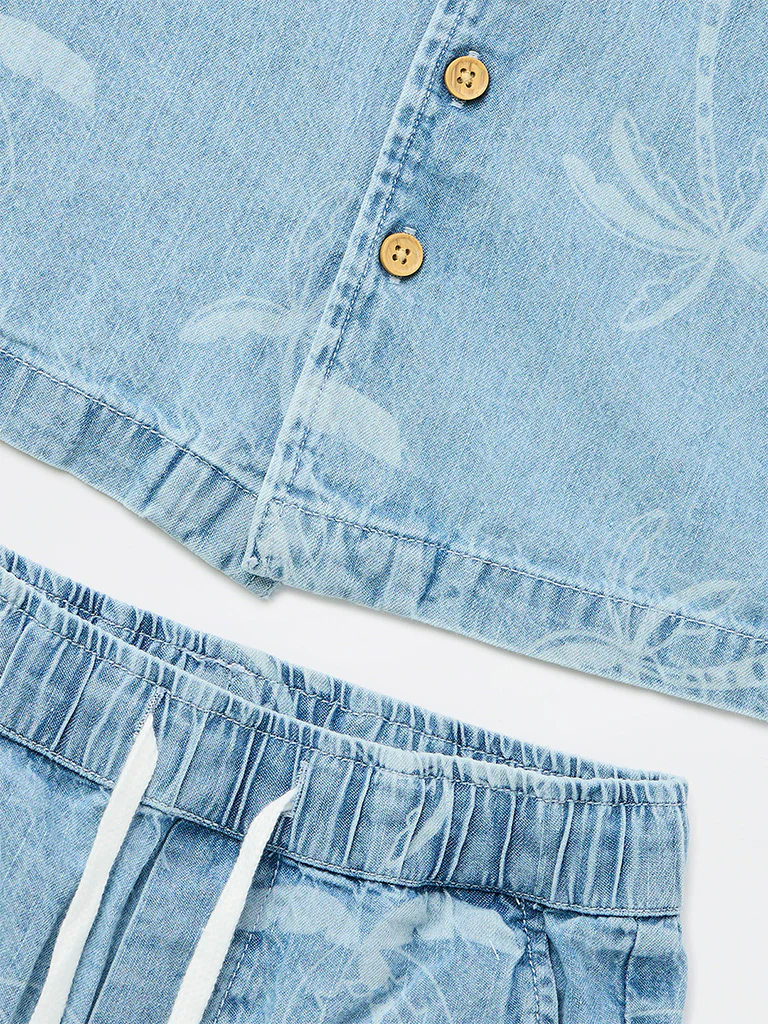 HOP Kids Boys Light Blue Printed Denim Shirt and Shorts Set - Image 5