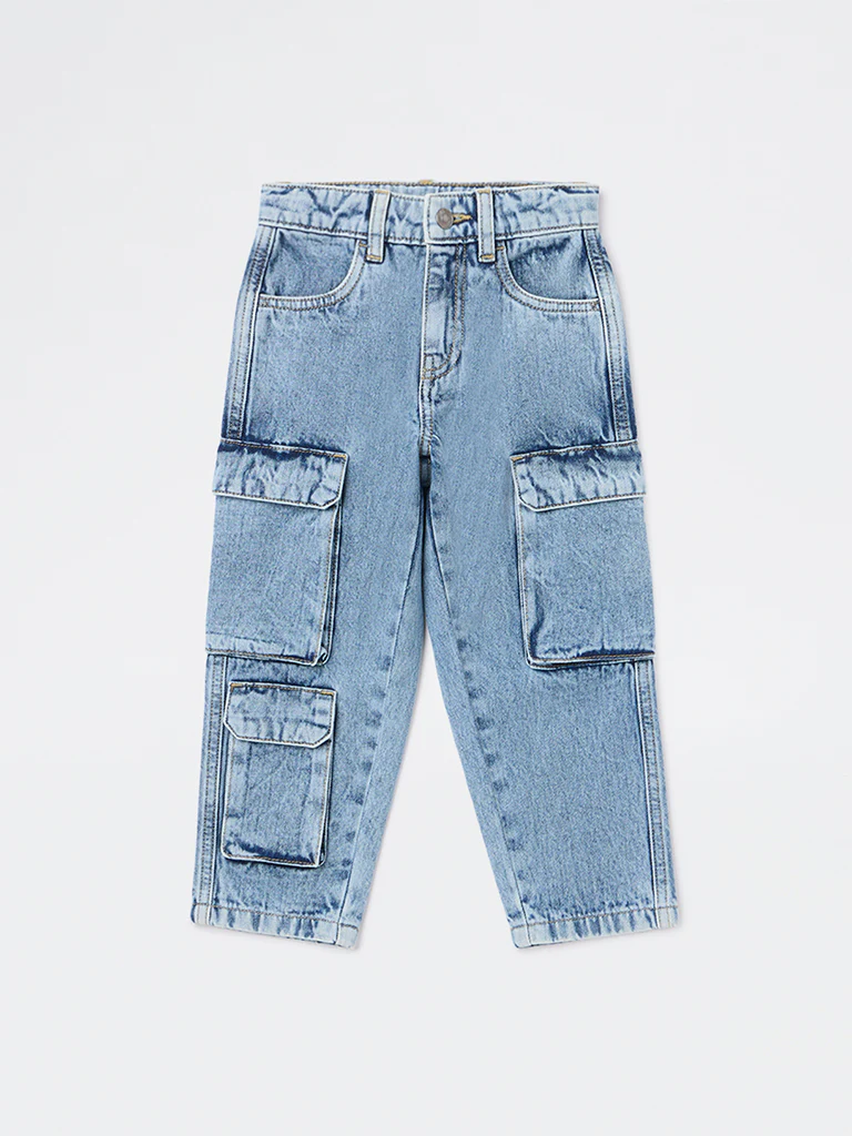 HOP Kids Boys Light Blue Washed Cargo-Style Mid-Rise Jeans - Image 3