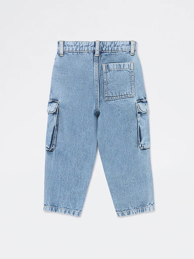 HOP Kids Boys Light Blue Washed Cargo-Style Mid-Rise Jeans - Image 4