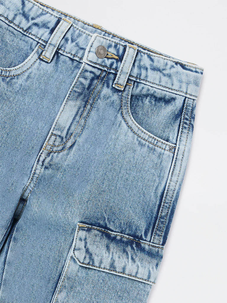 HOP Kids Boys Light Blue Washed Cargo-Style Mid-Rise Jeans - Image 5