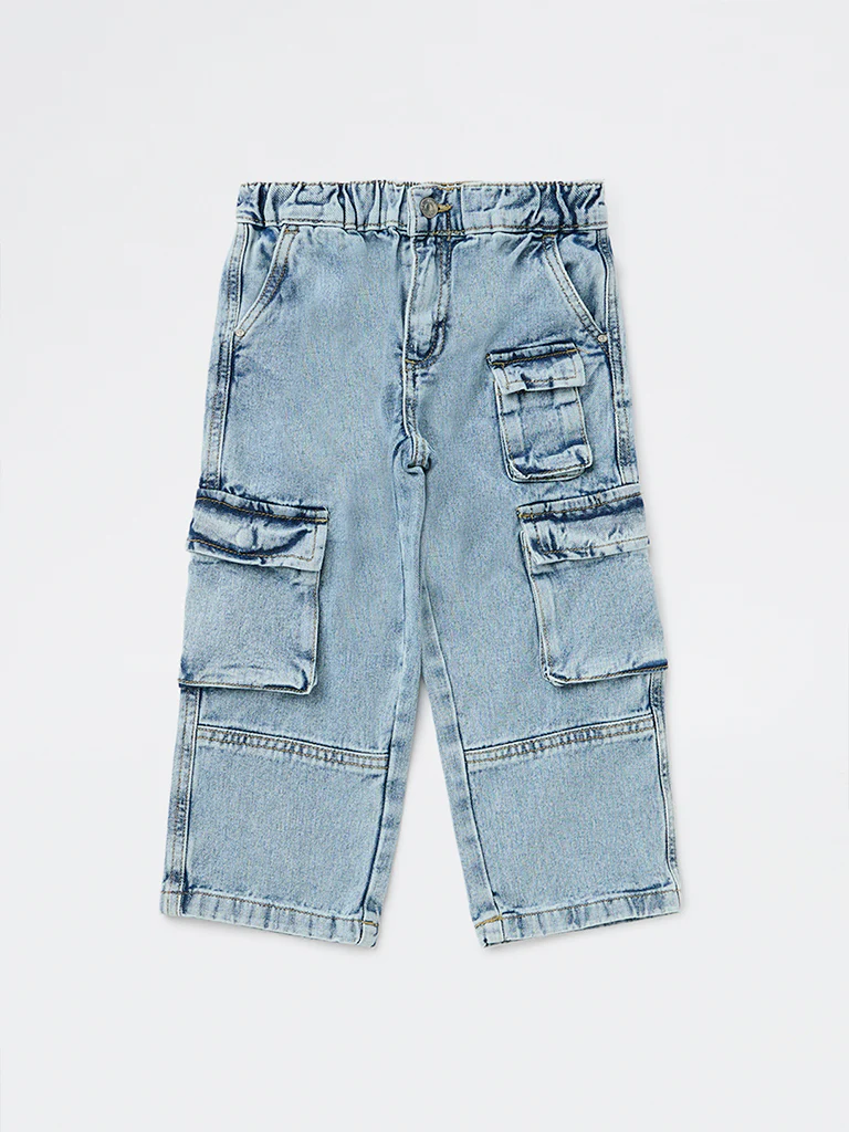 HOP Kids Boys Light Blue Washed Mid-Rise Cargo Jeans - Image 4