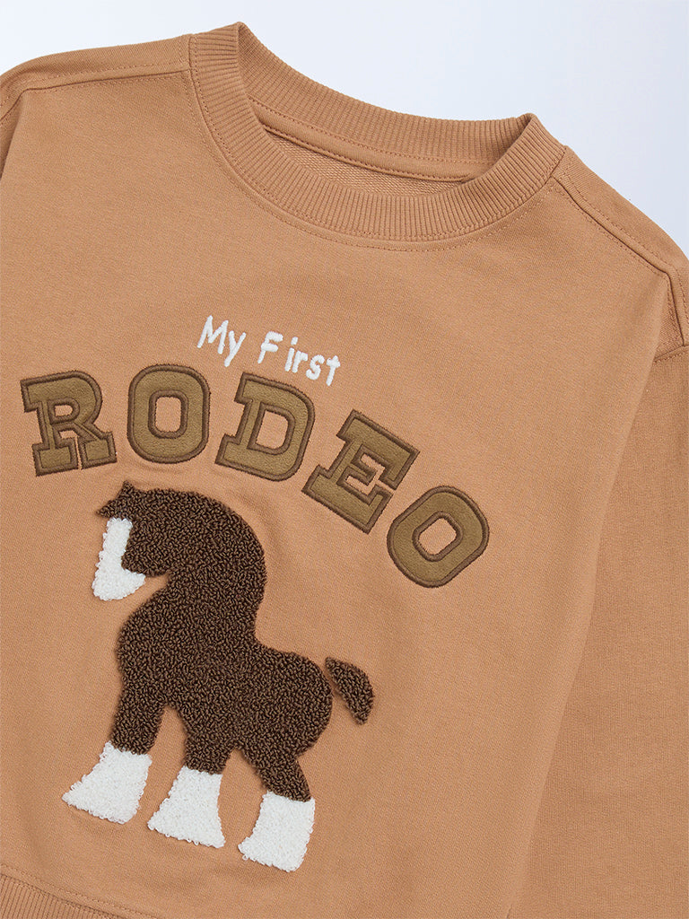 HOP Kids Boys Light Brown Embroidered Cotton-Blend Sweatshirt - Image 5