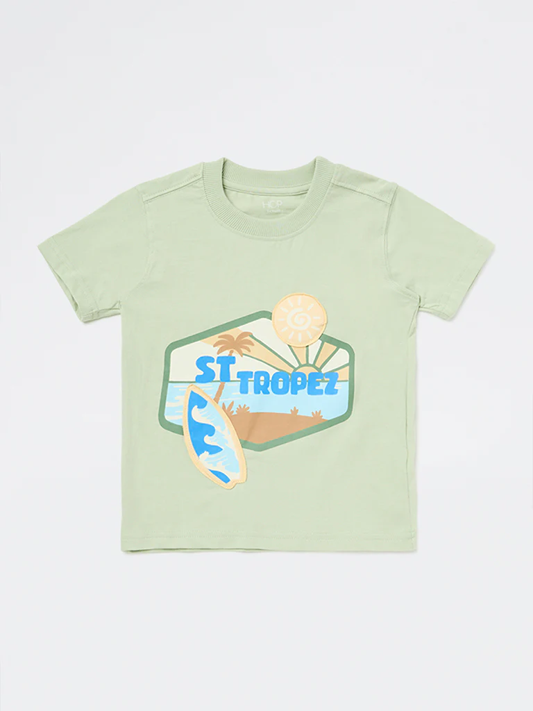 HOP Kids Boys Light Green Printed Cotton T-Shirt - Image 4