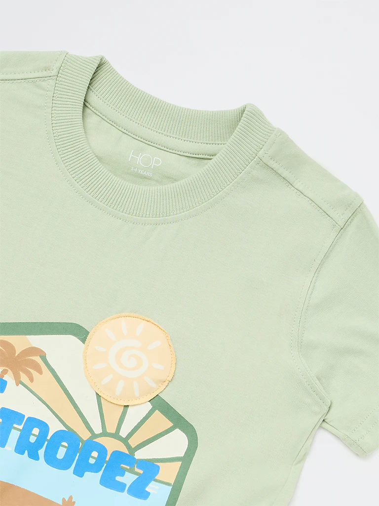 HOP Kids Boys Light Green Printed Cotton T-Shirt - Image 6