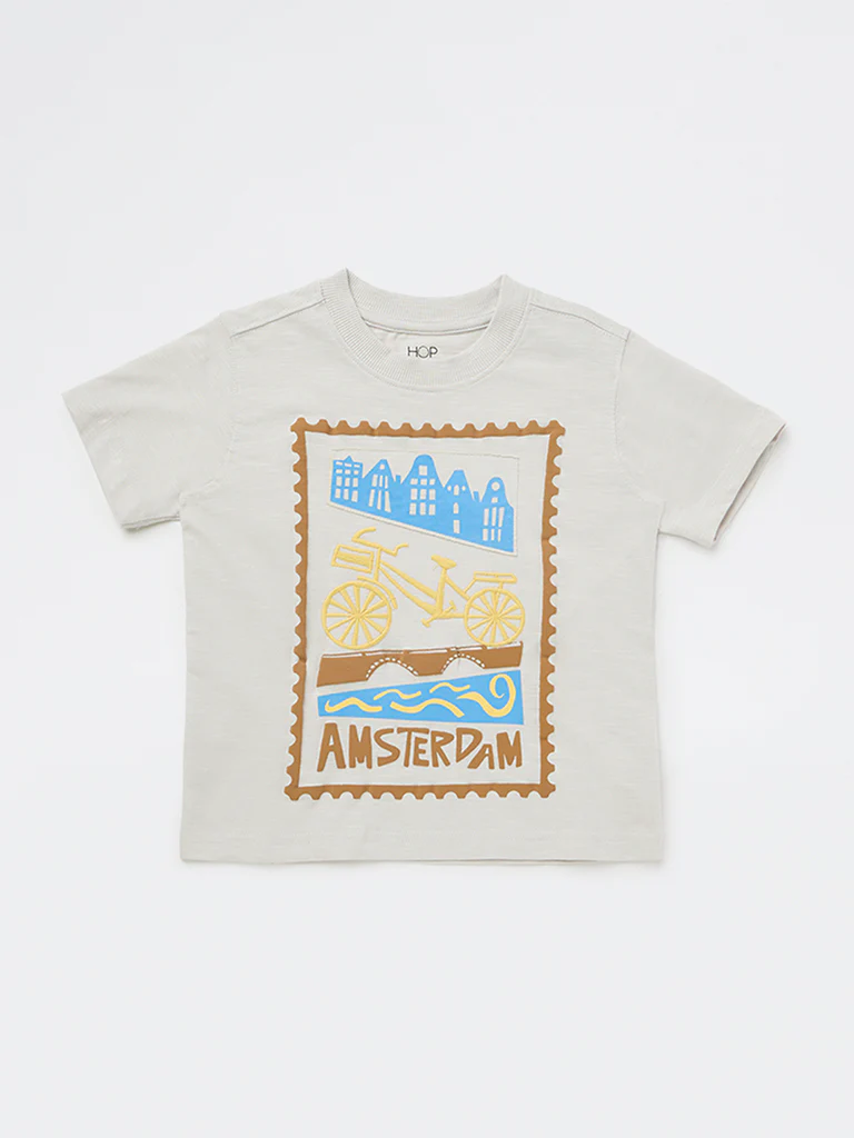 HOP Kids Boys Light Grey Graphic Printed Cotton T-Shirt - Image 4
