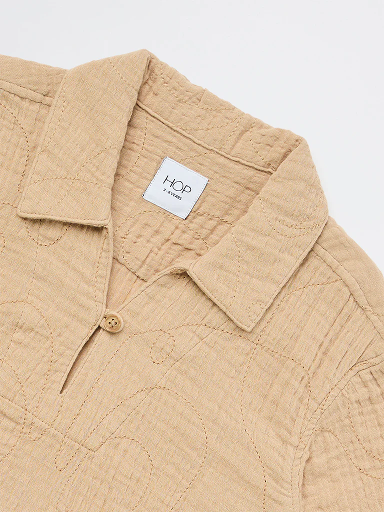 HOP Kids Boys Light Taupe Crinkle-Textured Cotton Shirt - Image 5