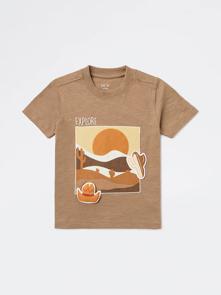 HOP Kids Boys Light Taupe Embroidered Cotton T-Shirt - Image 3