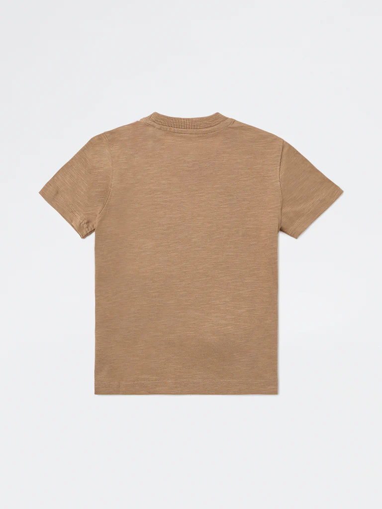 HOP Kids Boys Light Taupe Embroidered Cotton T-Shirt - Image 4