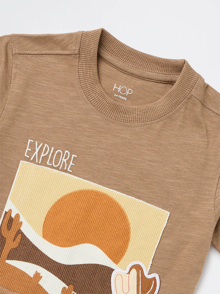 HOP Kids Boys Light Taupe Embroidered Cotton T-Shirt - Image 5