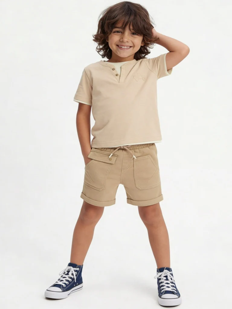 HOP Kids Boys Light Taupe Mid-Rise Cotton-Blend Shorts